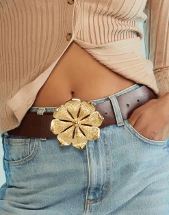 Cynthia Rowley Gold Flower Buckle Belt Brown Sale