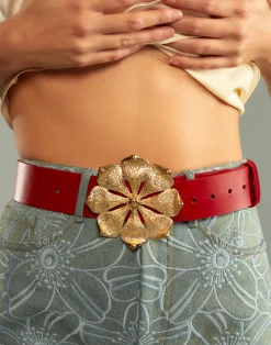 Cynthia Rowley Gold Flower Buckle Belt Red Best