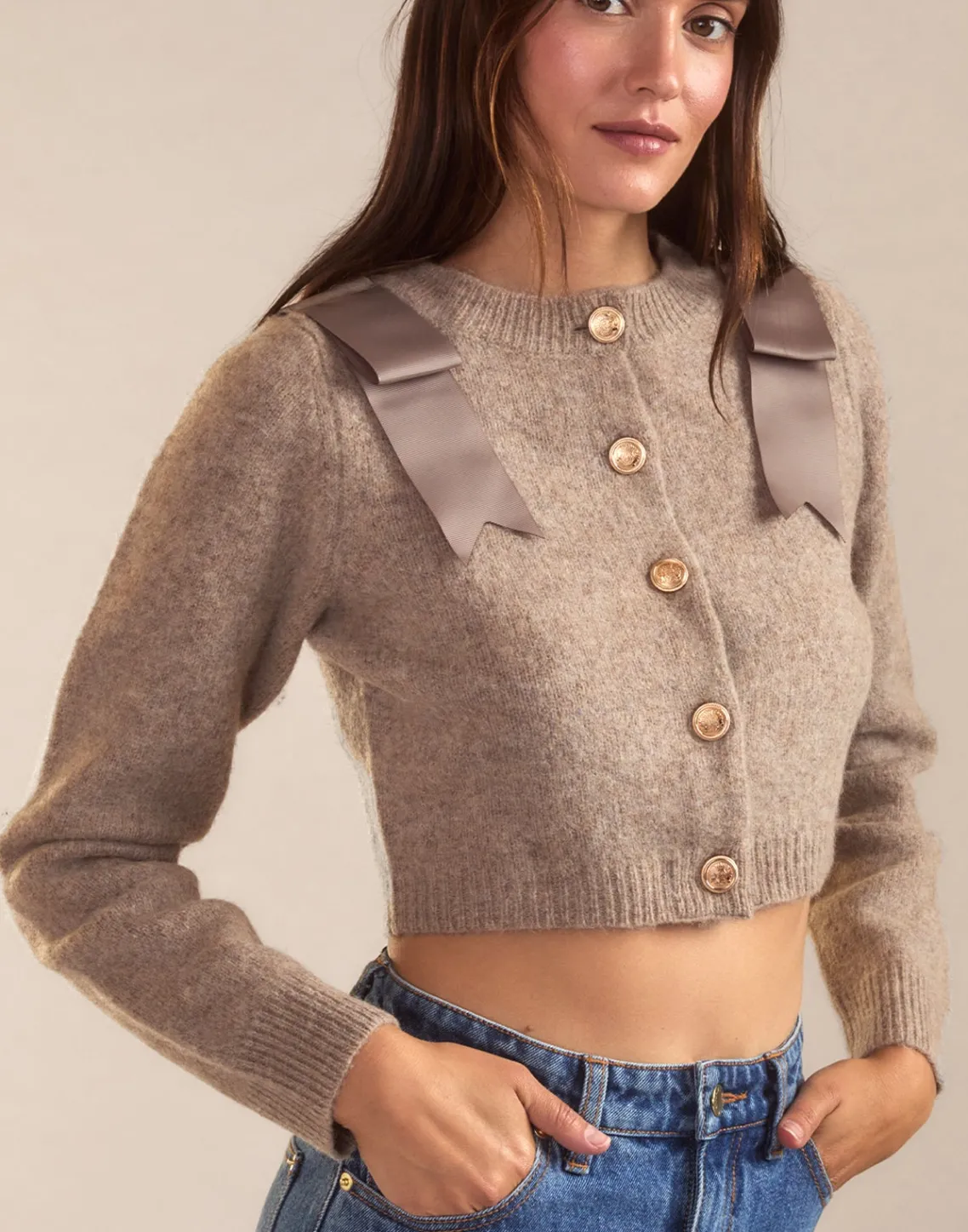 Cynthia Rowley Ivy Cropped Wool Cardigan CAMEL Clearance