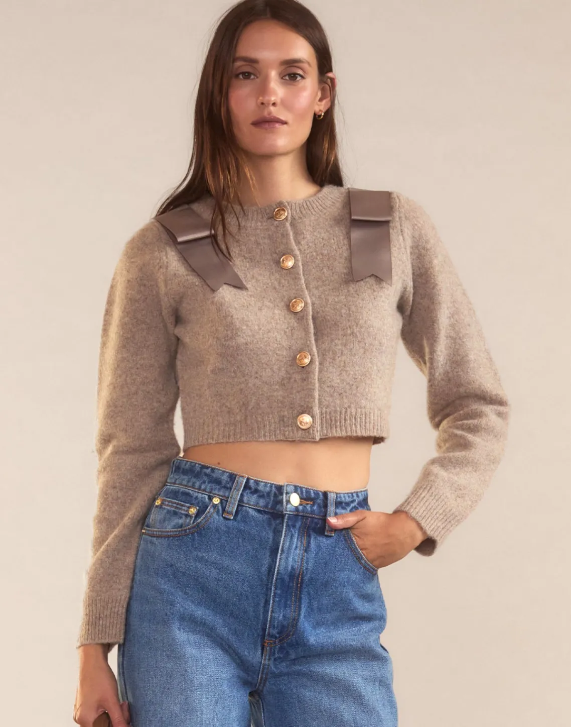 Cynthia Rowley Ivy Cropped Wool Cardigan CAMEL Clearance