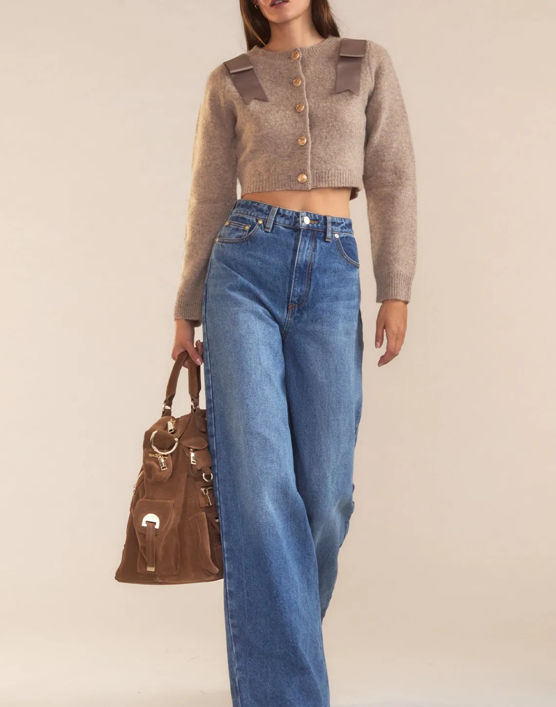 Cynthia Rowley Ivy Cropped Wool Cardigan CAMEL Clearance