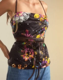 Cynthia Rowley Kaia Tie Top BLKFL Outlet