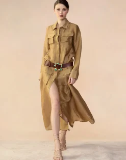 Cynthia Rowley Lagos Silk Linen Shirt Dress CAMEL Clearance