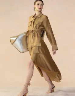 Cynthia Rowley Lagos Silk Linen Shirt Dress CAMEL Clearance