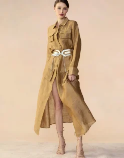 Cynthia Rowley Lagos Silk Linen Shirt Dress CAMEL Clearance