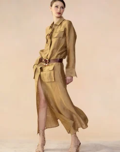 Cynthia Rowley Lagos Silk Linen Shirt Dress CAMEL Clearance