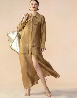 Cynthia Rowley Lagos Silk Linen Shirt Dress CAMEL Clearance