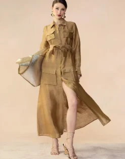 Cynthia Rowley Lagos Silk Linen Shirt Dress CAMEL Clearance