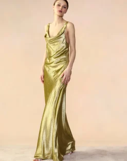 Cynthia Rowley Liquid Gold Lamé Dress GREEN Discount