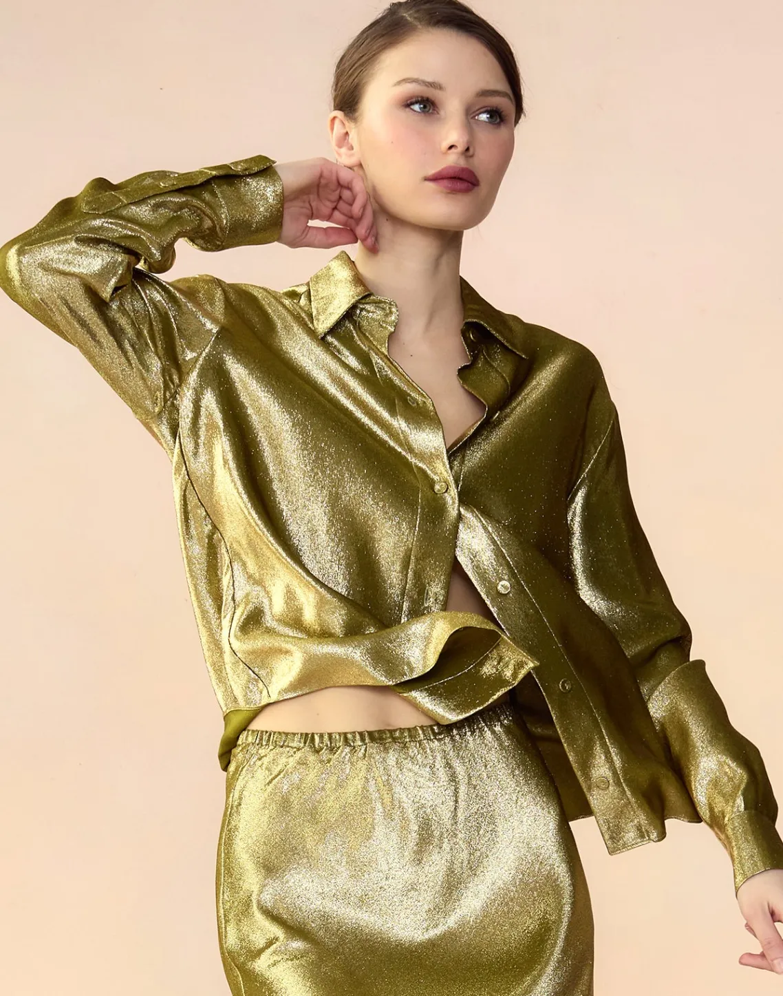 Cynthia Rowley Liquid Gold Lamé Shirt GREEN Hot