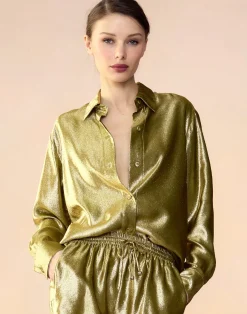 Cynthia Rowley Liquid Gold Lamé Shirt GREEN Hot