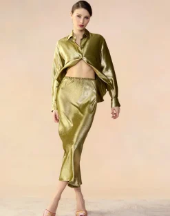 Cynthia Rowley Liquid Gold Lamé Shirt GREEN Hot