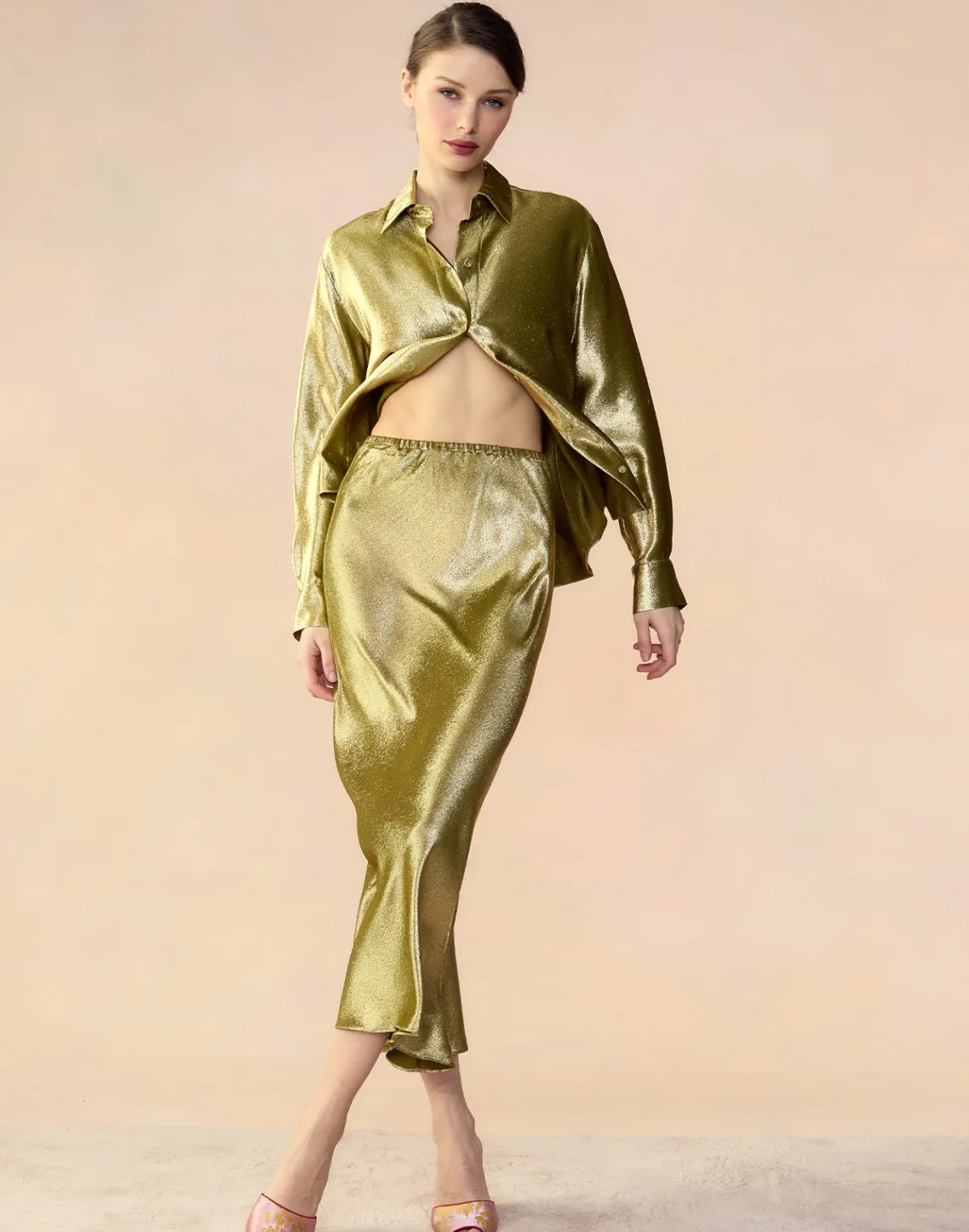 Cynthia Rowley Liquid Gold Lamé Shirt GREEN Hot