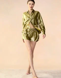 Cynthia Rowley Liquid Gold Lamé Shirt GREEN Hot