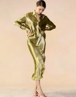 Cynthia Rowley Liquid Gold Lamé Shirt GREEN Hot