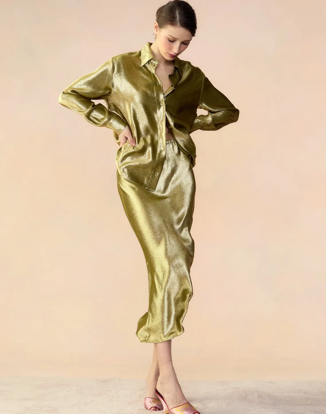 Cynthia Rowley Liquid Gold Lamé Shirt GREEN Hot