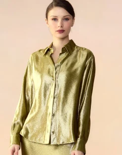 Cynthia Rowley Liquid Gold Lamé Shirt GREEN Hot