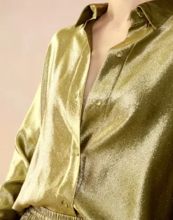 Cynthia Rowley Liquid Gold Lamé Shirt GREEN Hot