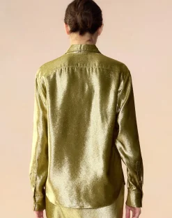 Cynthia Rowley Liquid Gold Lamé Shirt GREEN Hot