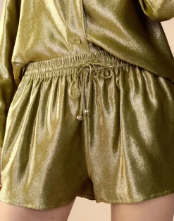 Cynthia Rowley Liquid Gold Lamé Shorts GREEN Sale