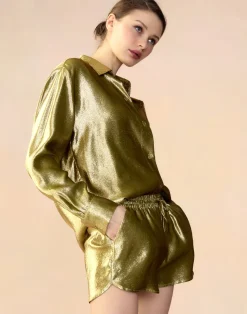 Cynthia Rowley Liquid Gold Lamé Shorts GREEN Sale
