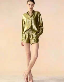 Cynthia Rowley Liquid Gold Lamé Shorts GREEN Sale