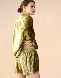 Cynthia Rowley Liquid Gold Lamé Shorts GREEN Sale