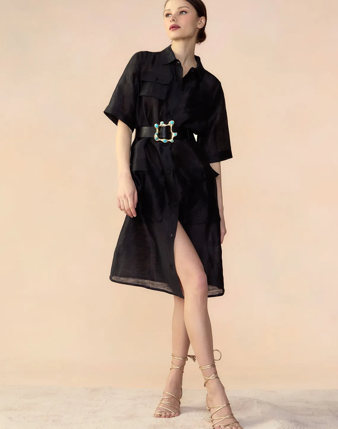 Cynthia Rowley Lisbon Silk Linen Shirt Dress BLACK Hot