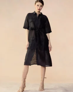 Cynthia Rowley Lisbon Silk Linen Shirt Dress BLACK Hot