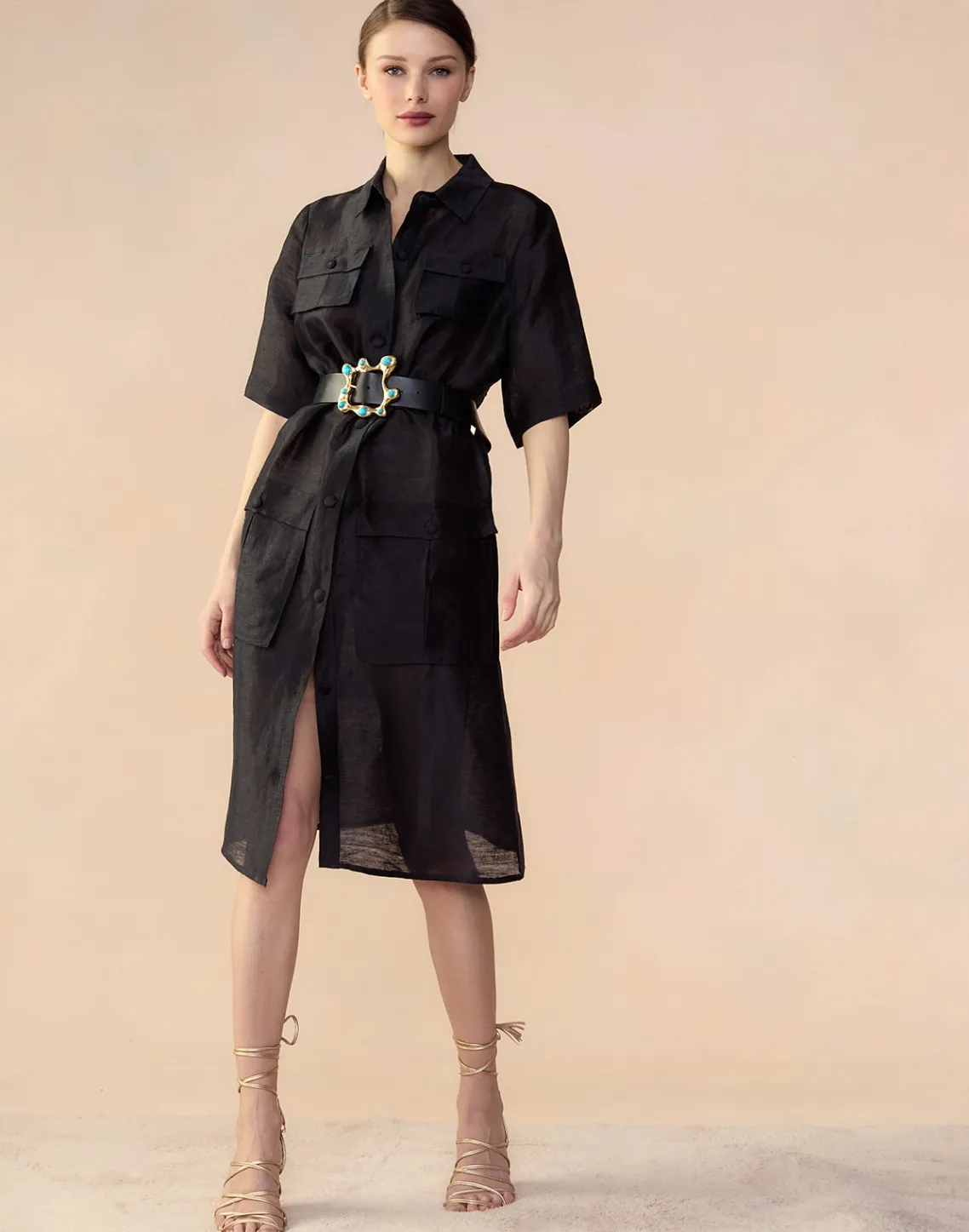Cynthia Rowley Lisbon Silk Linen Shirt Dress BLACK Hot