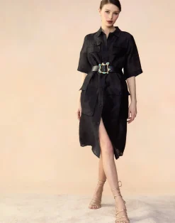 Cynthia Rowley Lisbon Silk Linen Shirt Dress BLACK Hot