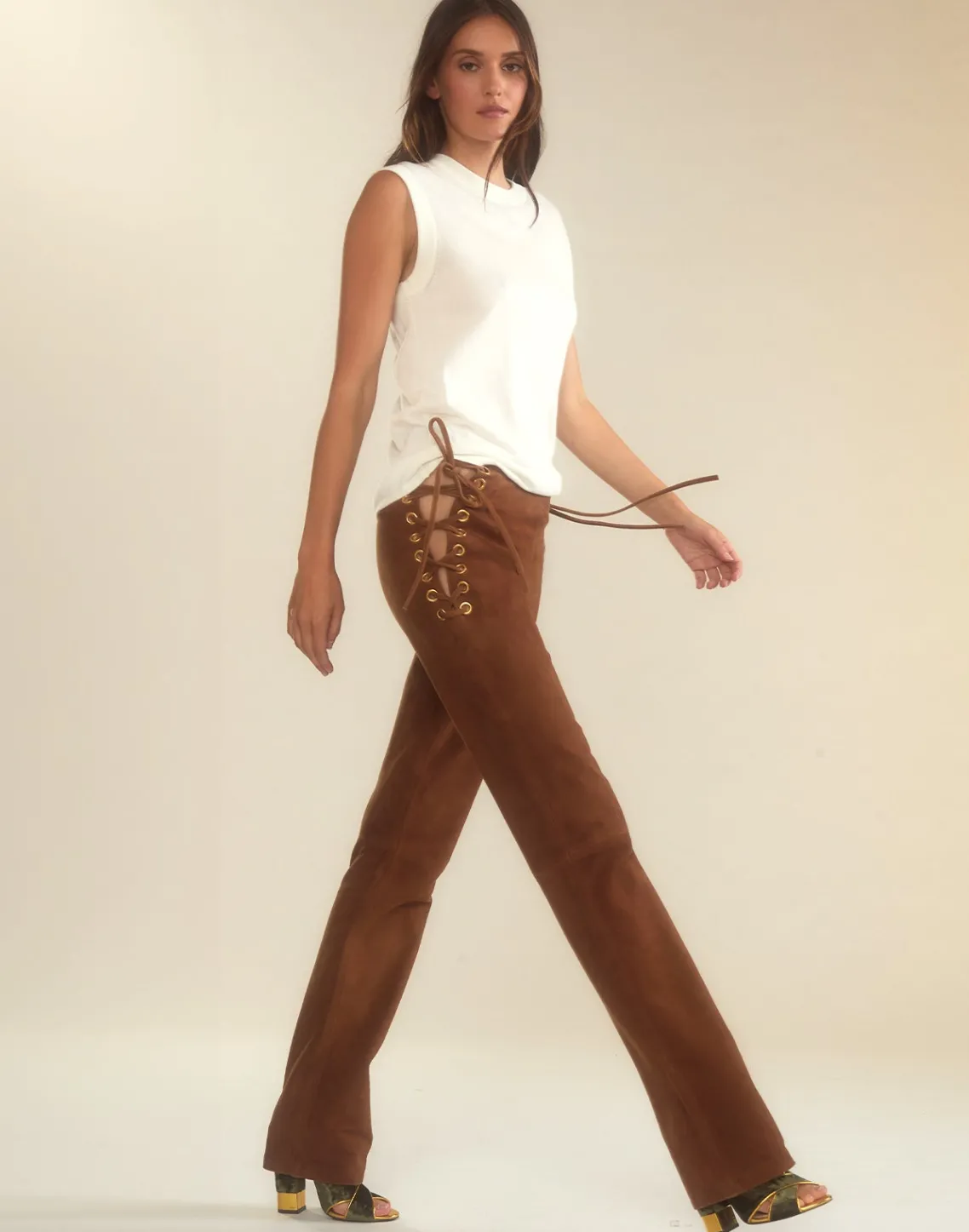 Cynthia Rowley Liv Lace-Up Suede Pants BROWN Clearance