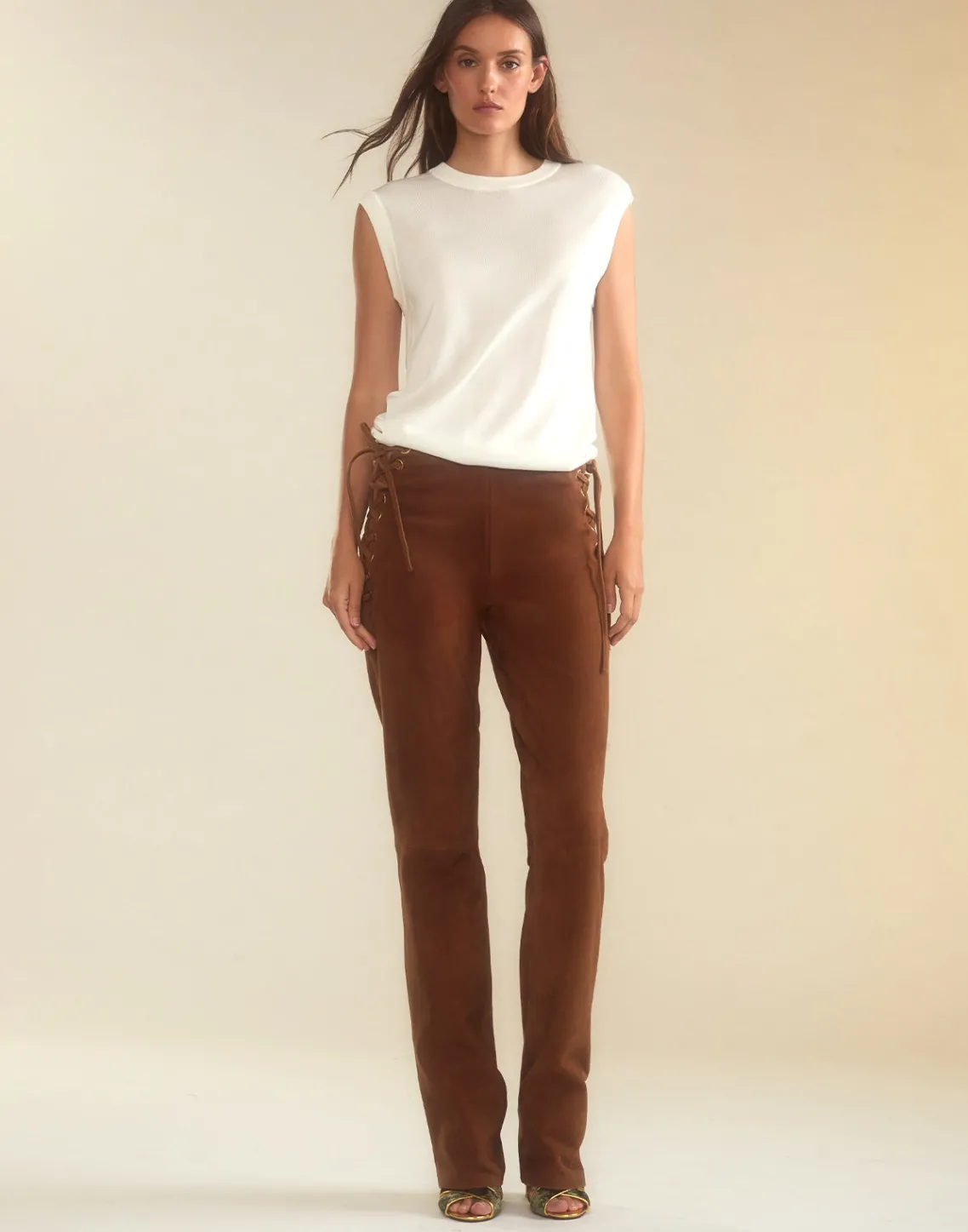 Cynthia Rowley Liv Lace-Up Suede Pants BROWN Clearance