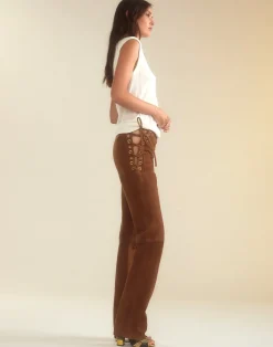 Cynthia Rowley Liv Lace-Up Suede Pants BROWN Clearance
