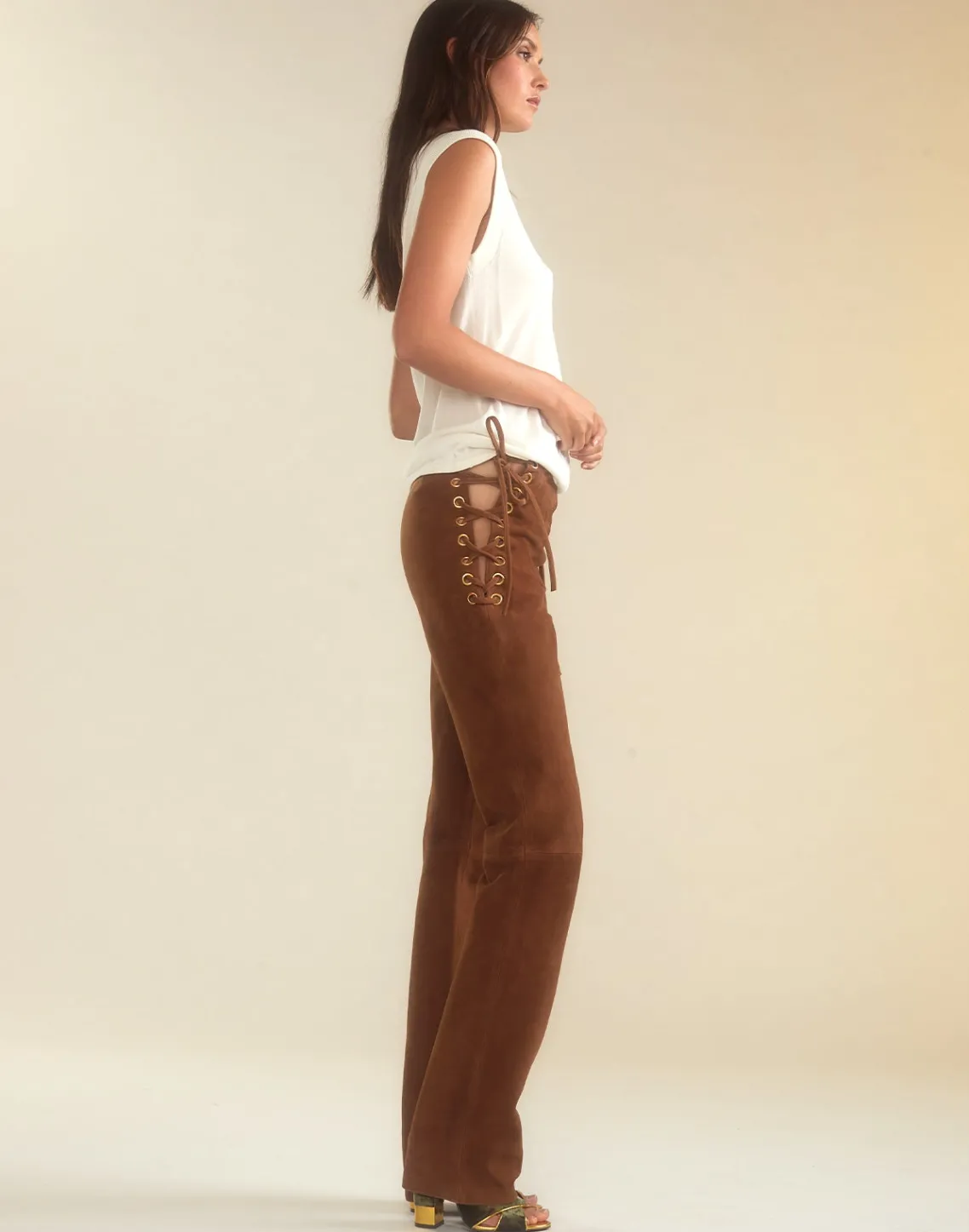 Cynthia Rowley Liv Lace-Up Suede Pants BROWN Clearance