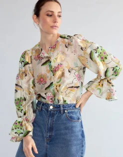 Cynthia Rowley Love Locket Silk Linen Blouse WHTML Sale