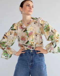 Cynthia Rowley Love Locket Silk Linen Blouse WHTML Sale