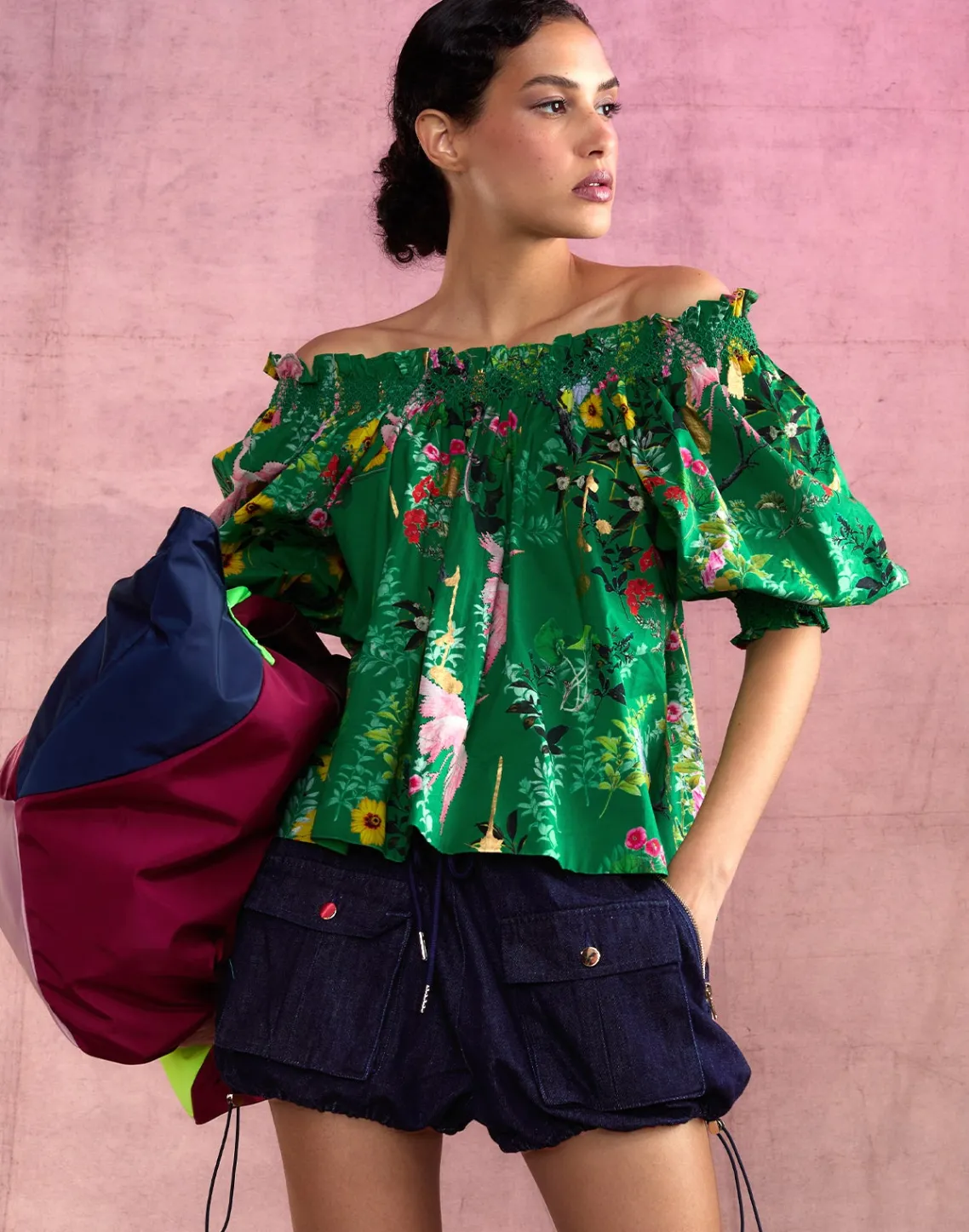 Cynthia Rowley Malta Off Shoulder Blouse GRNFL New