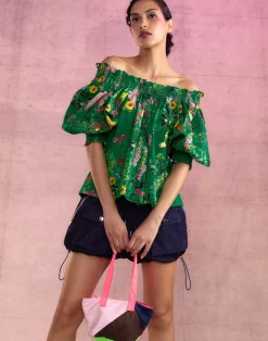 Cynthia Rowley Malta Off Shoulder Blouse GRNFL New