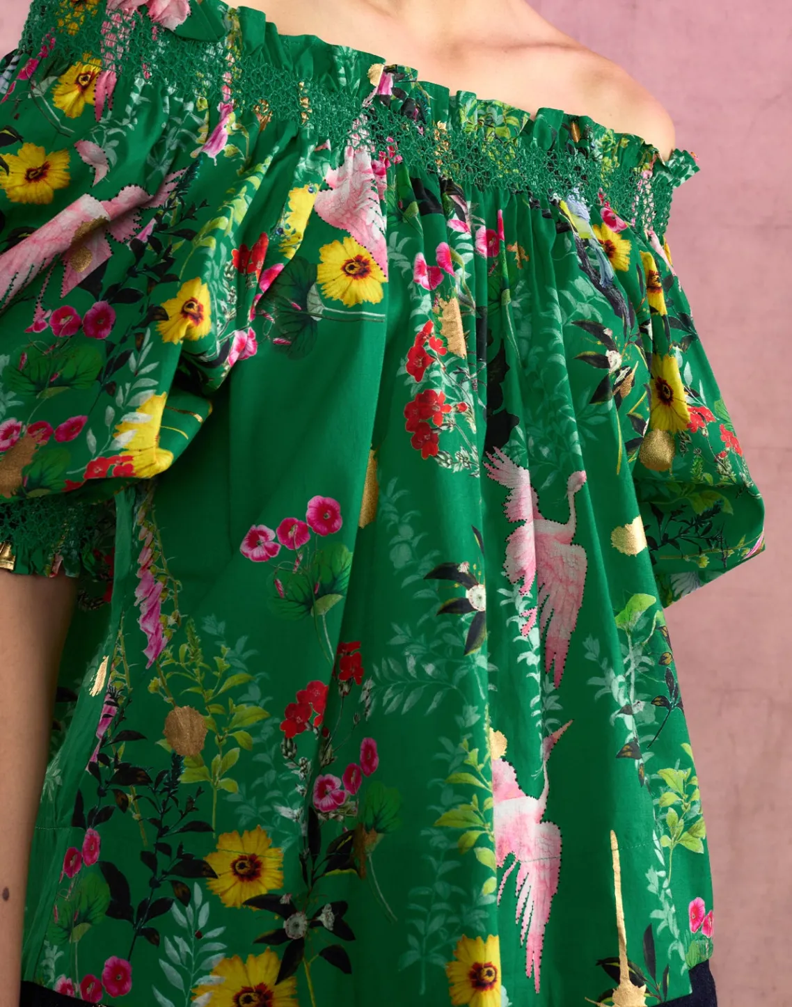 Cynthia Rowley Malta Off Shoulder Blouse GRNFL New