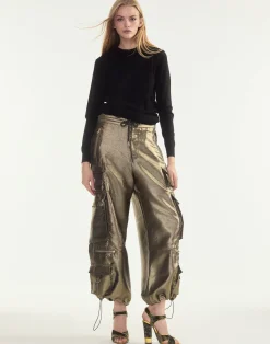Cynthia Rowley Metallic Cargo Pants BLKGLD New