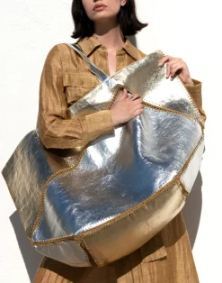 Cynthia Rowley Mixed Metallic Vegan Leather Oversized Tote GLDSV Hot