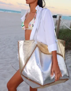 Cynthia Rowley Mixed Metallic Vegan Leather Oversized Tote GLDSV Hot