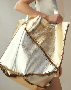Cynthia Rowley Mixed Metallic Vegan Leather Oversized Tote GLDSV Hot