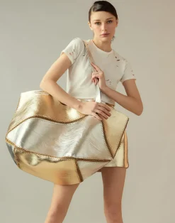 Cynthia Rowley Mixed Metallic Vegan Leather Oversized Tote GLDSV Hot