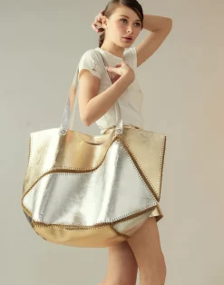 Cynthia Rowley Mixed Metallic Vegan Leather Oversized Tote GLDSV Hot