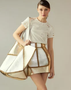 Cynthia Rowley Mixed Metallic Vegan Leather Oversized Tote GLDSV Hot