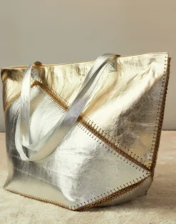 Cynthia Rowley Mixed Metallic Vegan Leather Oversized Tote GLDSV Hot
