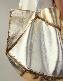 Cynthia Rowley Mixed Metallic Vegan Leather Oversized Tote GLDSV Hot