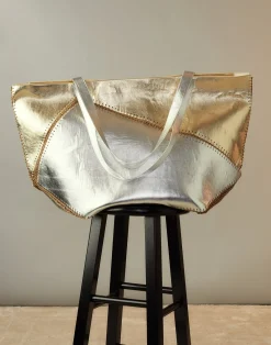 Cynthia Rowley Mixed Metallic Vegan Leather Oversized Tote GLDSV Hot